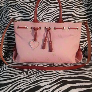 LARGER SIGNATURE FABRIC PRETTY PINK TASSEL TOTE WITH HANDLES OR USE LONG STRAP!